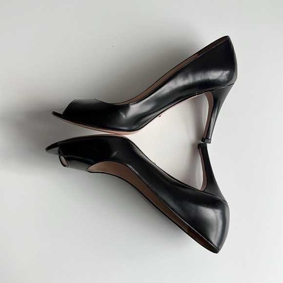 Prada peep toe black leather pump size 37.5, 3.25 inch heel made in Italy - Picture 9 of 11